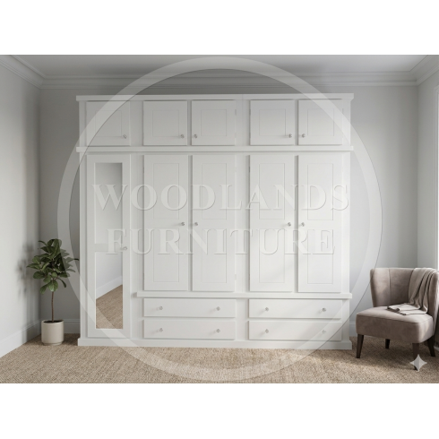 DEWSBURY 5 DOOR 4 DRAWER FULL MIRRORED SHELVED WARDROBE WITH TOPBOX IN WHITE