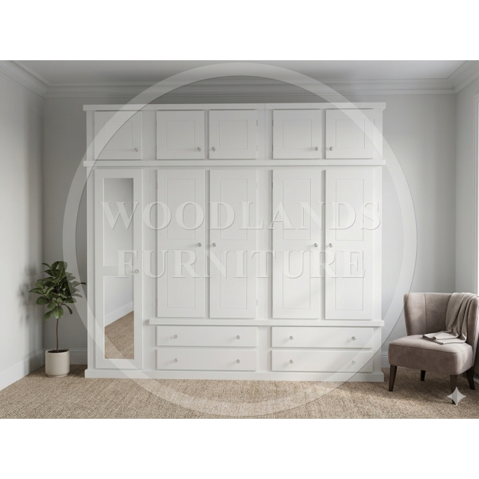 DEWSBURY 5 DOOR 4 DRAWER FULL MIRRORED SHELVED WARDROBE WITH TOPBOX IN WHITE DEWSBURY 5 DOOR 4 DRAWER FULL MIRRORED SHELVED WARDROBE WITH TOPBOX IN WHITE