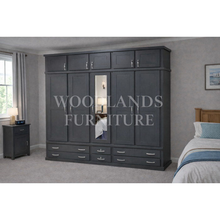 DEWSBURY 5 DOOR 6 DRAWER SHELVED MIRRORED WARDROBE WITH TOPBOX IN DAKR GREY DEWSBURY 5 DOOR 6 DRAWER SHELVED MIRRORED WARDROBE WITH TOPBOX IN DAKR GREY
