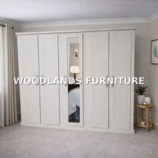 DEWSBURY 5 DOOR MIRRORED SHELVED FULL HANGING WARDROBE IN IVORY