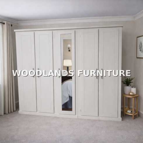DEWSBURY 5 DOOR MIRRORED SHELVED FULL HANGING WARDROBE IN IVORY