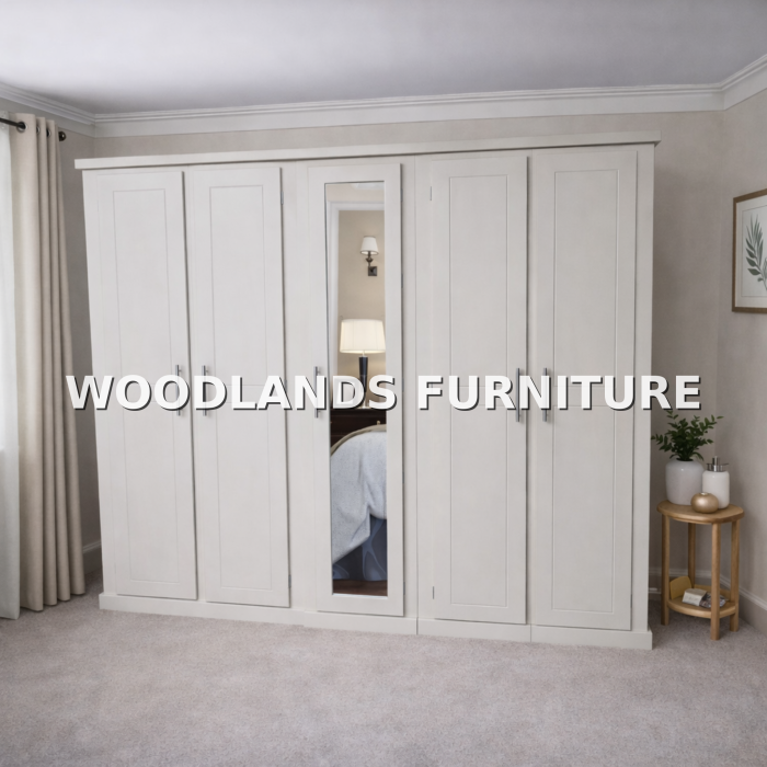DEWSBURY 5 DOOR MIRRORED SHELVED FULL HANGING WARDROBE IN IVORY DEWSBURY 5 DOOR MIRRORED SHELVED FULL HANGING WARDROBE IN IVORY