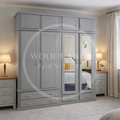 Dewsbury 4 Drawer Double Mirrored Shelved Quad Wardrobe With Topbox In Grey