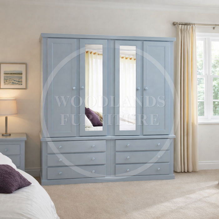 Dewsbury 4 Door 6 Drawer Double Mirrored Wardrobe In Sky Blue