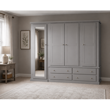 Dewsbury Quad 4 Drawer Full Mirrored Shelved Wardrobe In Grey