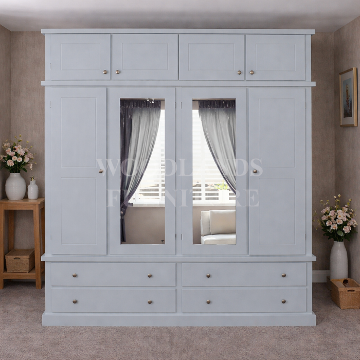 DEWSBURY 4 DOOR 4 DRAWER DOUBLE MIRRORED WARDROBE WITH TOPBOX IN WHITE DEWSBURY 4 DOOR 4 DRAWER DOUBLE MIRRORED WARDROBE WITH TOPBOX IN WHITE