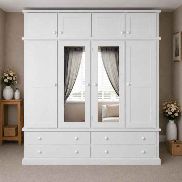 Dewsbury 4 Door 4 Drawer Double Mirrored Wardrobe With Topbox In White