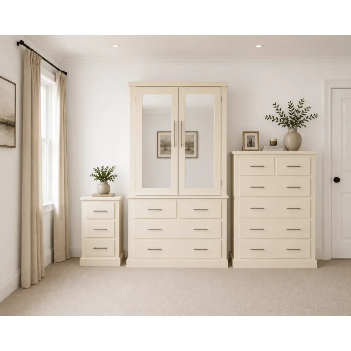 Handmade in Britain 3 Piece Double Mirrored Bedroom Furniture Set (2+4 Drawer Chest of Drawers) - Dewsbury Ivory (Custom Finish Options)