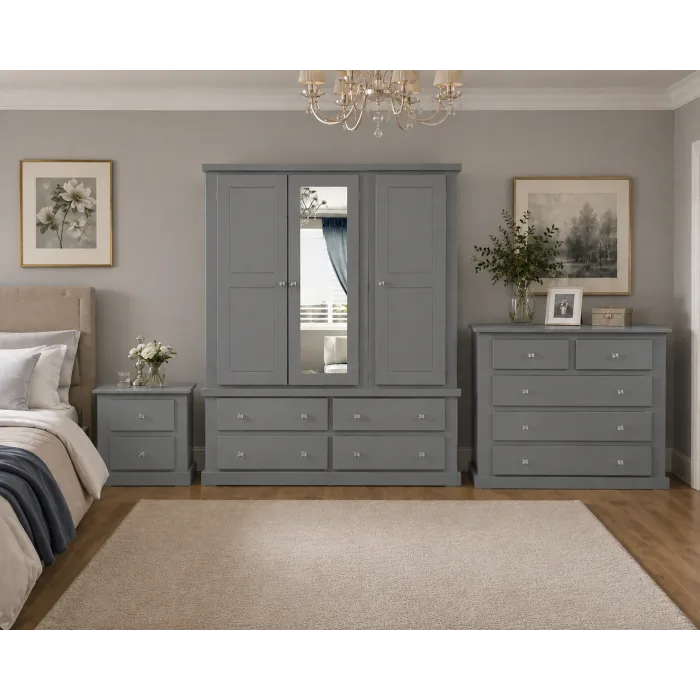 Triple 3 Piece Mirrored Bedroom Furniture Set - Dewsbury Grey | Handmade in England
