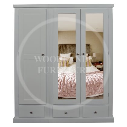 Dewsbury Triple 3 Drawer Double Mirrored Shelved Wardrobe In White
