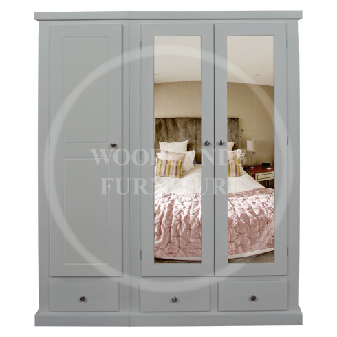 DEWSBURY TRIPLE 3 DRAWER DOUBLE MIRRORED SHELVED WARDROBE IN WHITE 