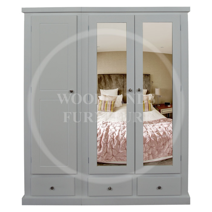 DEWSBURY TRIPLE 3 DRAWER DOUBLE MIRRORED SHELVED WARDROBE IN WHITE DEWSBURY TRIPLE 3 DRAWER DOUBLE MIRRORED SHELVED WARDROBE IN WHITE