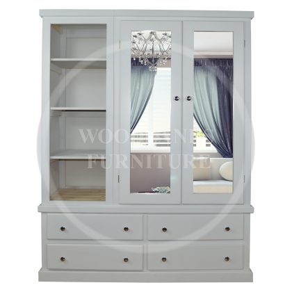 Dewsbury Triple 4 Drawer Double Mirrored Wardrobe With Open Shelves In White