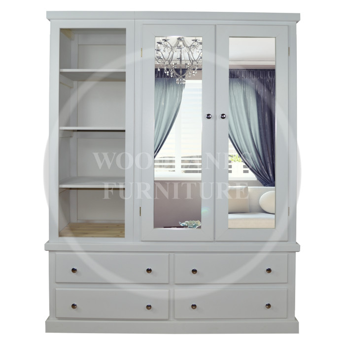 DEWSBURY TRIPLE 4 DRAWER DOUBLE MIRRORED WARDROBE WITH OPEN SHELVES IN WHITE DEWSBURY TRIPLE 4 DRAWER DOUBLE MIRRORED WARDROBE WITH OPEN SHELVES IN WHITE