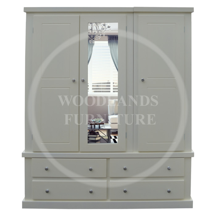 DEWSBURY TRIPLE 4 DRAWER MIRRORED SHELVED WARDROBE IN IVORY DEWSBURY TRIPLE 4 DRAWER MIRRORED SHELVED WARDROBE IN IVORY