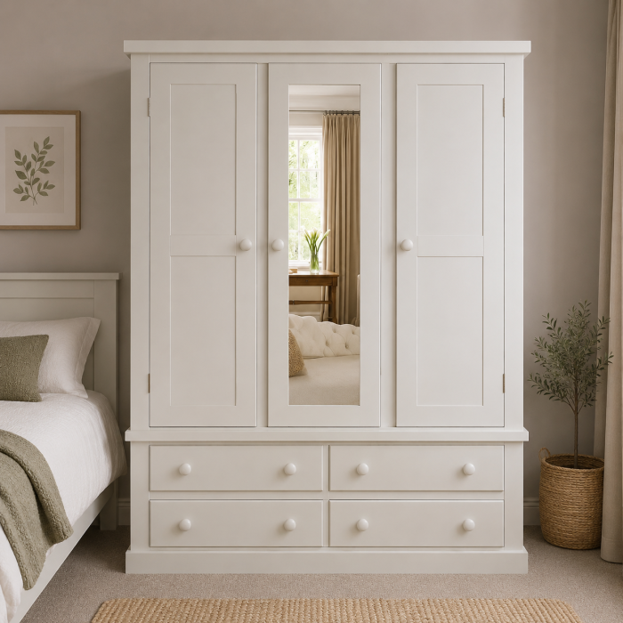 Dewsbury Triple 4 Drawer Mirrored Wardrobe In White