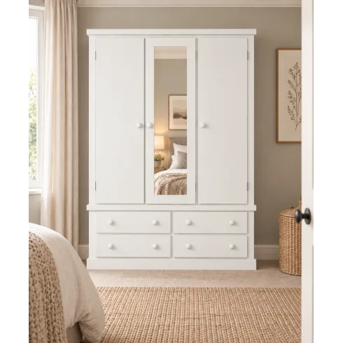 Handmade in the UK 3 Door 4 Drawer Mirrored Wardrobe - Dewsbury White (Made to Measure) Handmade in the UK 3 Door 4 Drawer Mirrored Wardrobe - Dewsbury White (Made to Measure)