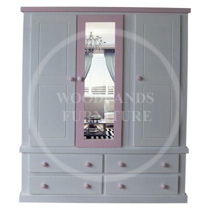 Dewsbury Triple 4 Drawer Mirrored Wardrobe (Pink Door) In White