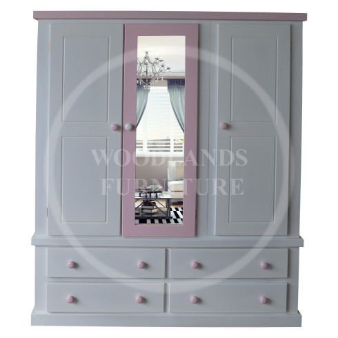 DEWSBURY TRIPLE 4 DRAWER MIRRORED WARDROBE (PINK DOOR) IN WHITE
