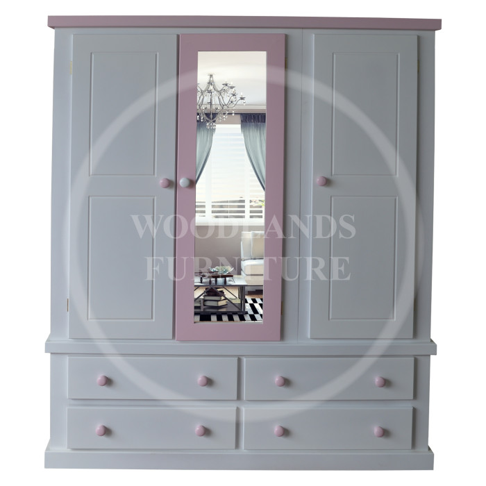 DEWSBURY TRIPLE 4 DRAWER MIRRORED WARDROBE (PINK DOOR) IN WHITE DEWSBURY TRIPLE 4 DRAWER MIRRORED WARDROBE (PINK DOOR) IN WHITE