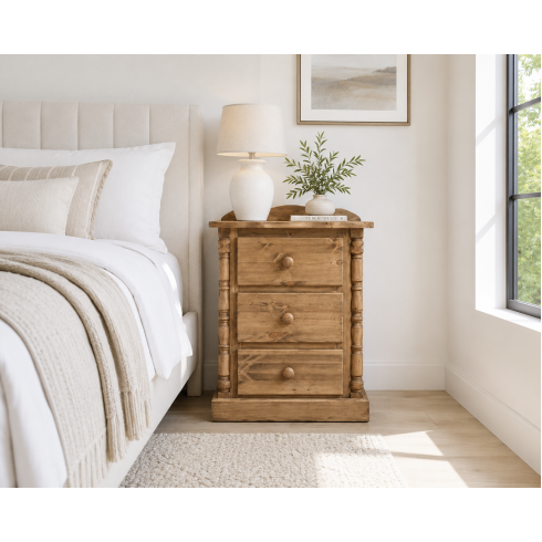 Diana Solid Pine 3 Drawer Bedside In Light Antique Wax Diana Solid Pine 3 Drawer Bedside In Light Antique Wax