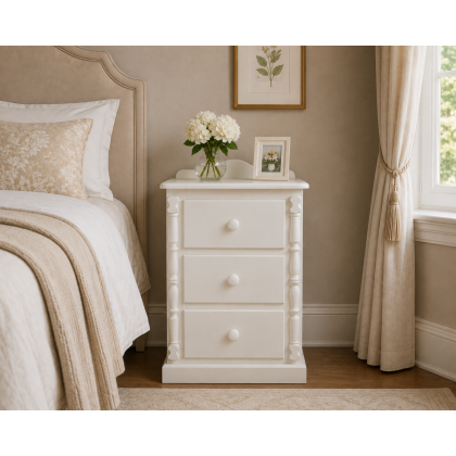 Handmade in England Diana Solid Pine 3 Drawer Bedside Cabinet in Ivory - Fully Assembled