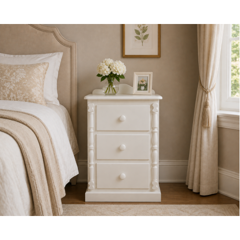 Handmade in England Diana Solid Pine 3 Drawer Bedside Cabinet in Ivory - Fully Assembled Handmade in England Diana Solid Pine 3 Drawer Bedside Cabinet in Ivory - Fully Assembled