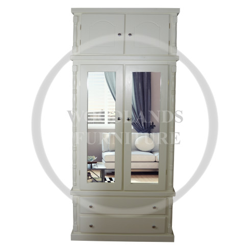 DIANA SOLID PINE 2 DRAWER DOUBLE MIRRORED WARDROBE WITH TOPBOX IN IVORY
