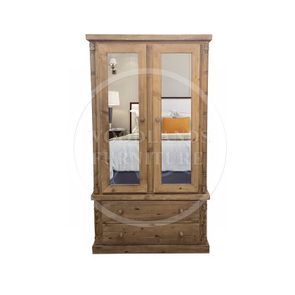 Diana Solid Pine 2 Drawer Double Mirrored Wardrobe In Old Antique Wax
