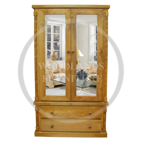 DIANA SOLID PINE 2 DRAWER DOUBLE MIRRORED WARDROBE IN LIGHT OAK WAX