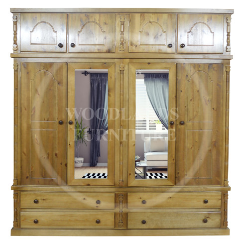 DIANA SOLID PINE QUAD DOUBLE MIRRORED WARDROBE WITH TOPBOX IN KENILWORTH POLISHED