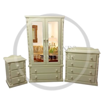 Diana Solid Pine 3 Piece Double Mirrored Bedroom Set In Ivory