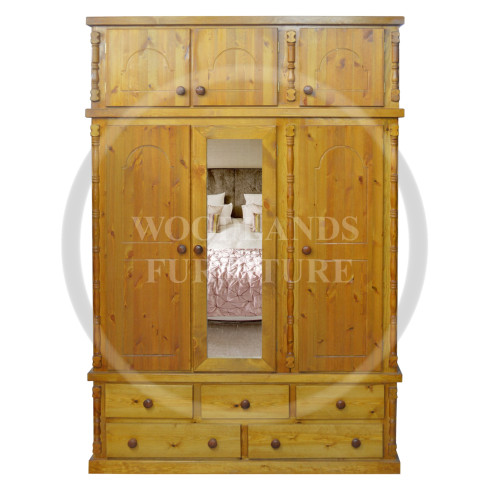 DIANA SOLID PINE 5 DRAWER TRIPLE MIRRORED WARDROBE WITH TOPBOX IN GOLDEN OAK WAX