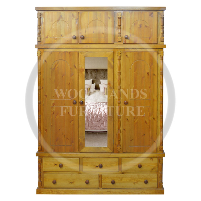 DIANA SOLID PINE 5 DRAWER TRIPLE MIRRORED WARDROBE WITH TOPBOX IN GOLDEN OAK WAX DIANA SOLID PINE 5 DRAWER TRIPLE MIRRORED WARDROBE WITH TOPBOX IN GOLDEN OAK WAX