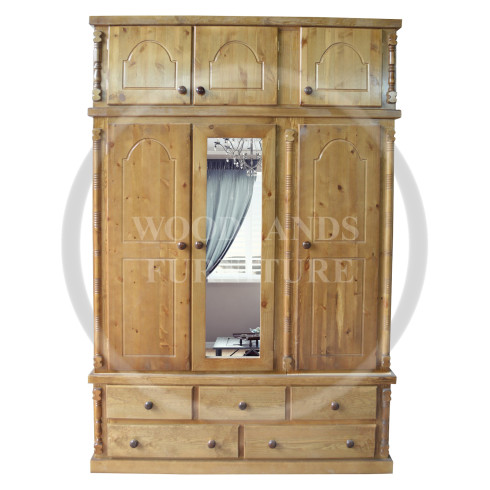 DIANA SOLID PINE 5 DRAWER TRIPLE MIRRORED WARDROBE WITH TOPBOX IN LIGHT OAK POLISHED 