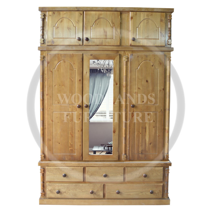 DIANA SOLID PINE 5 DRAWER TRIPLE MIRRORED WARDROBE WITH TOPBOX IN LIGHT OAK POLISHED DIANA SOLID PINE 5 DRAWER TRIPLE MIRRORED WARDROBE WITH TOPBOX IN LIGHT OAK POLISHED