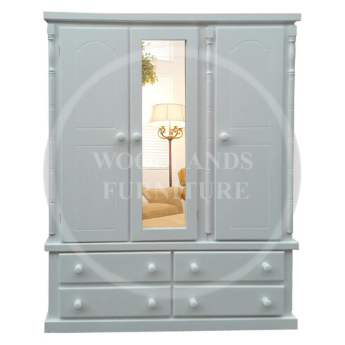 DIANA SOLID PINE 4 DRAWER TRIPLE MIRRORED SHELVED WARDROBE IN WHITE