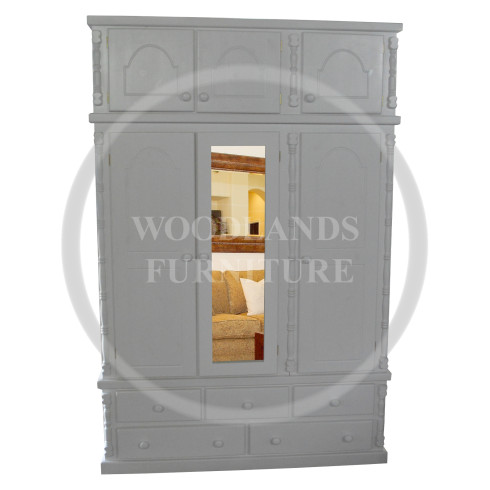 DIANA SOLID PINE 5 DRAWER TRIPLE MIRRORED WARDROBE WITH TOPBOX IN WHITE