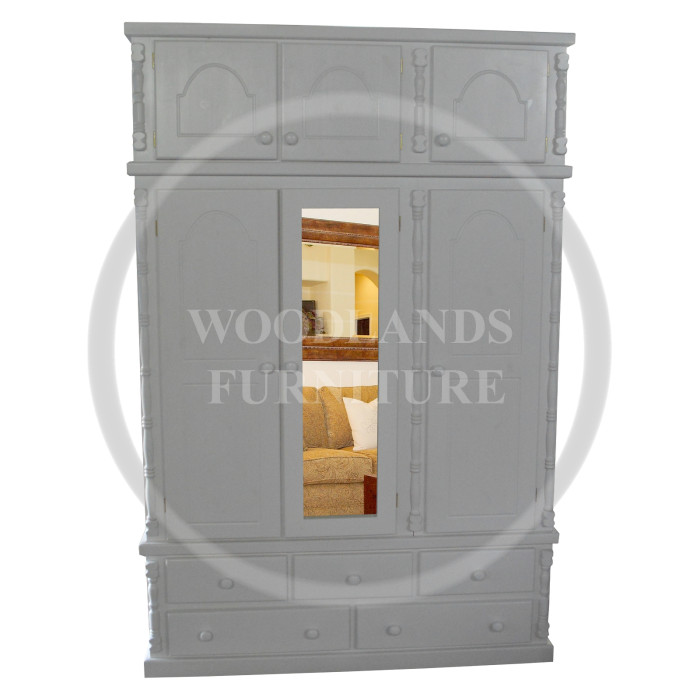 DIANA SOLID PINE 5 DRAWER TRIPLE MIRRORED WARDROBE WITH TOPBOX IN WHITE DIANA SOLID PINE 5 DRAWER TRIPLE MIRRORED WARDROBE WITH TOPBOX IN WHITE