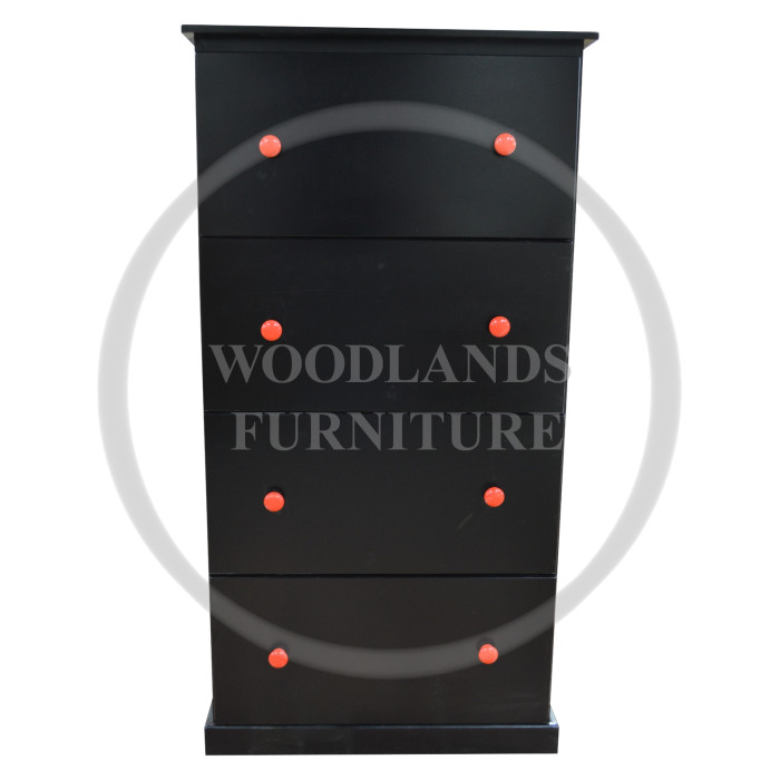 KIDDIES 4 DRAWER CHEST DEEP IN BLACK WITH RED KNOBS