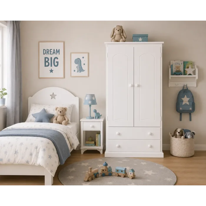 Handmade in England Kiddies 2 Door 2 Drawer Wardrobe in White- Design Doors