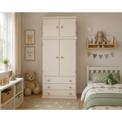 Handmade in England Kiddies 3 Drawer Wardrobe Shelved with Topbox in Ivory