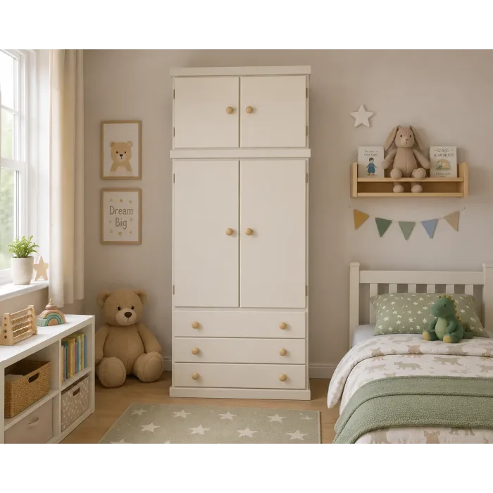 Handmade in England Kiddies 3 Drawer Wardrobe Shelved with Topbox in Ivory