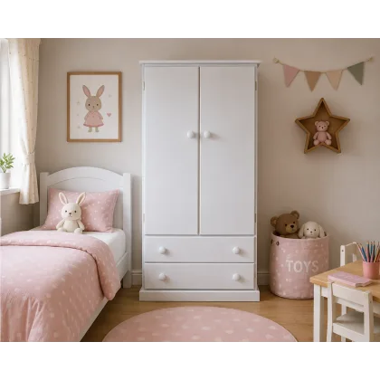 Handmade in England Kiddies 2 Door 2 Drawer Wardrobe in White-Plain Doors