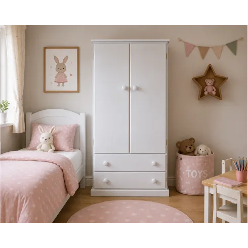 Handmade in England Kiddies 2 Door 2 Drawer Wardrobe in White-Plain Doors Handmade in England Kiddies 2 Door 2 Drawer Wardrobe in White-Plain Doors