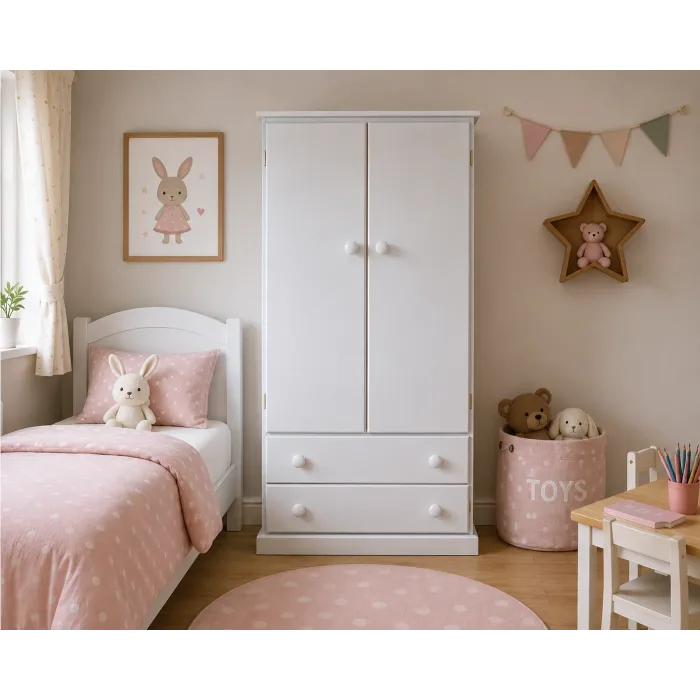 Handmade in England Kiddies 2 Door 2 Drawer Wardrobe in White-Plain Doors