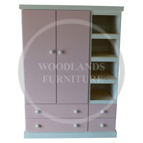 KIDDIES TRIPLE 4 DRAWER WARDROBE WITH OPEN BOOKCASE IN PINK WITH WHITE FRAME