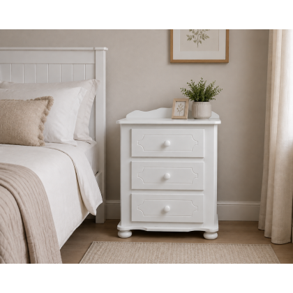 Handmade in England Manhattan 3 Drawer Wide Bedside Cabinet with Curve in White - Fully Assembled