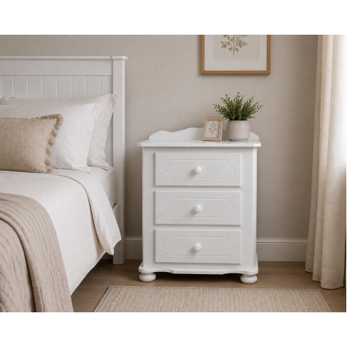 Handmade in England Manhattan 3 Drawer Wide Bedside Cabinet with Curve in White - Fully Assembled