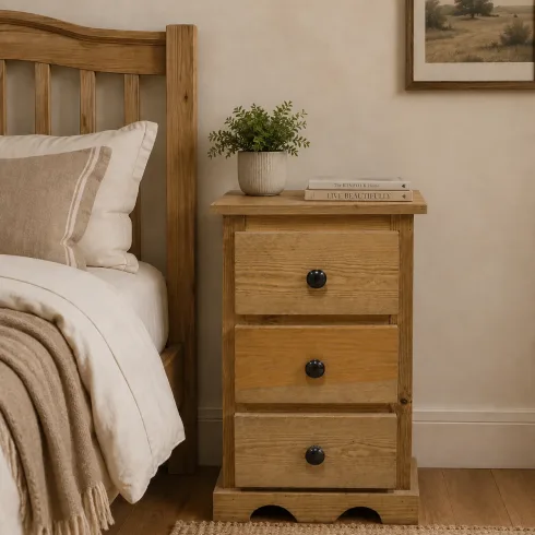 Handmade in England Moroccan Solid Pine 3 Drawr Bedside Cabinet in Light Oak Polished - Fully Assembled Handmade in England Moroccan Solid Pine 3 Drawr Bedside Cabinet in Light Oak Polished - Fully Assembled